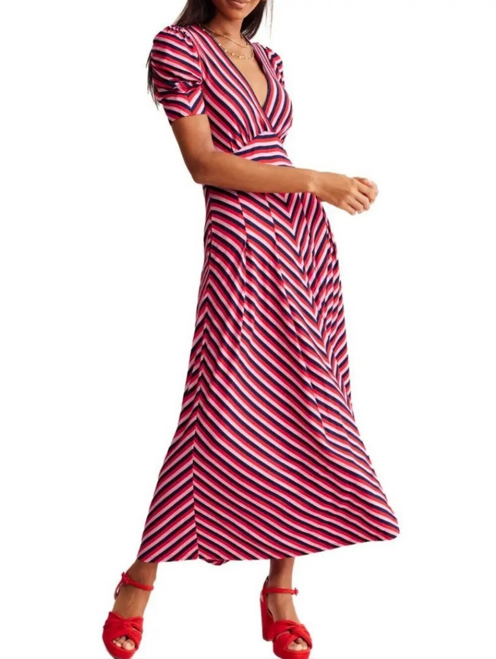 Boden Kristen Stripe A-line Pink & Navy Striped V‑Neck Maxi Dress